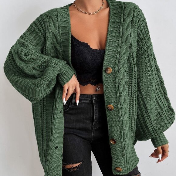 . Sweaters - Olive Green Casual Womens Solid Button Front Cable Knit Cardigan